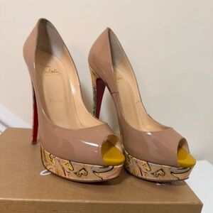 Christian Louboutin Nude Patent Peep-Toe Platform Pumps with Yellow Toe
